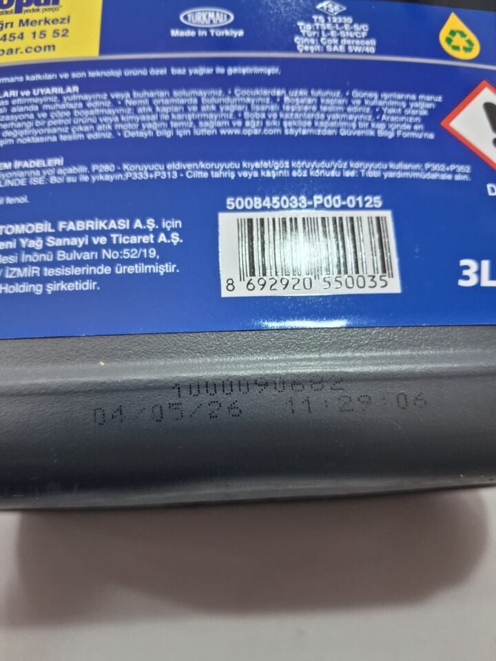 55175966 Opar Olio S2 5W-40 3LT | FİAT EGEA DİZEL MULTİJET VE 1.4 BENZİNLİ UYUMLU MOTOR YAĞI