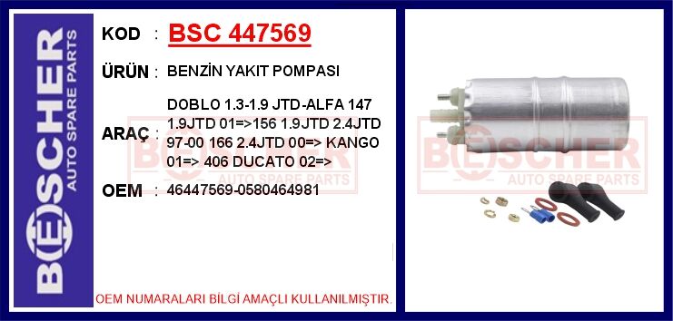 467608480 Benzi̇n Yakit Pompasi BSC | Doblo 1.3 1.9 Jtd alfa 147 1