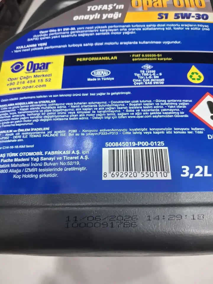 55175990 Opar Olio S1 5W-30 3.2 LT | Fiat 1.3 Multijet