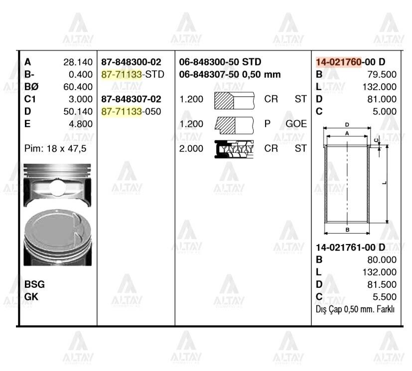 87-71133-STD Piston GOETZE | Muhtelif Araçlar