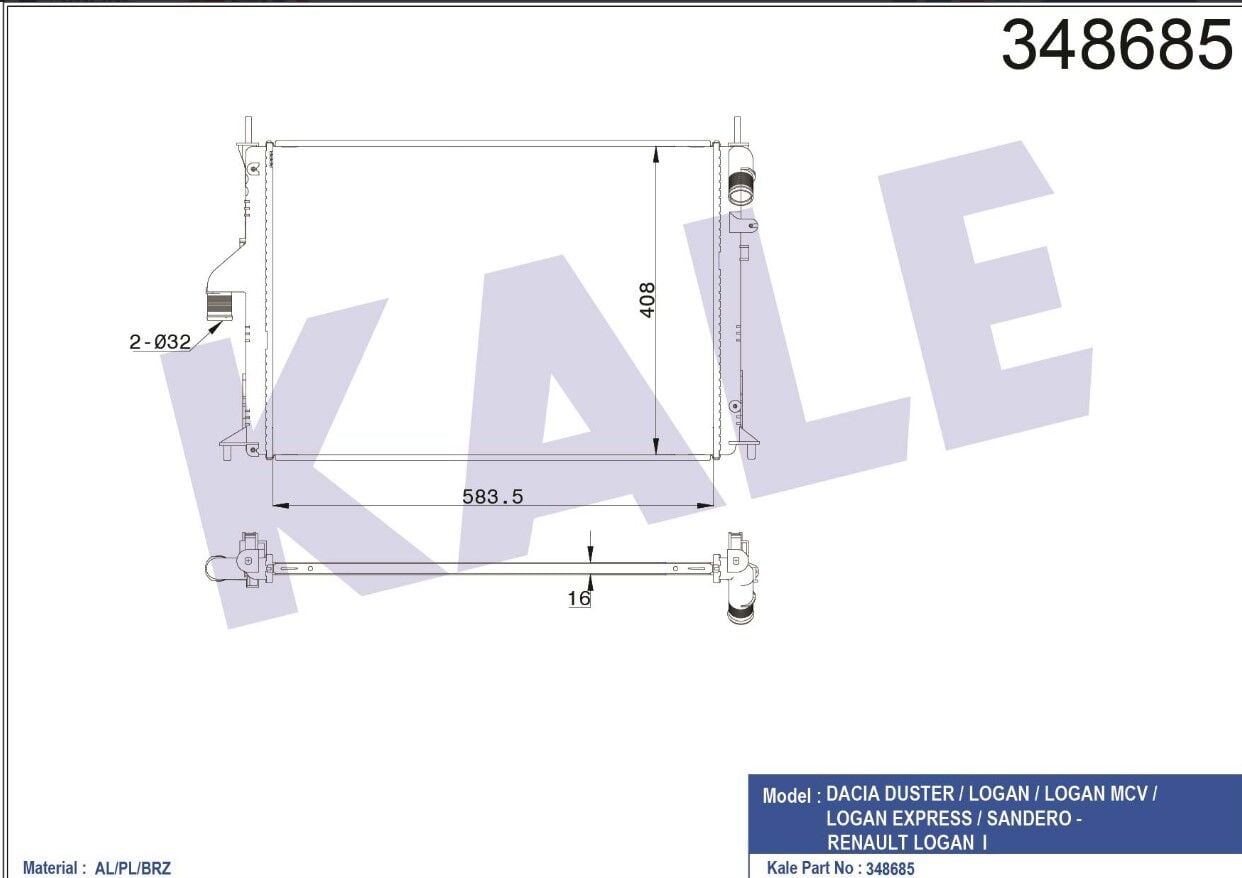 8200735039 Su Radyatörü KALE | Dacia Logan / Dacia Sandero / Dacia Duster