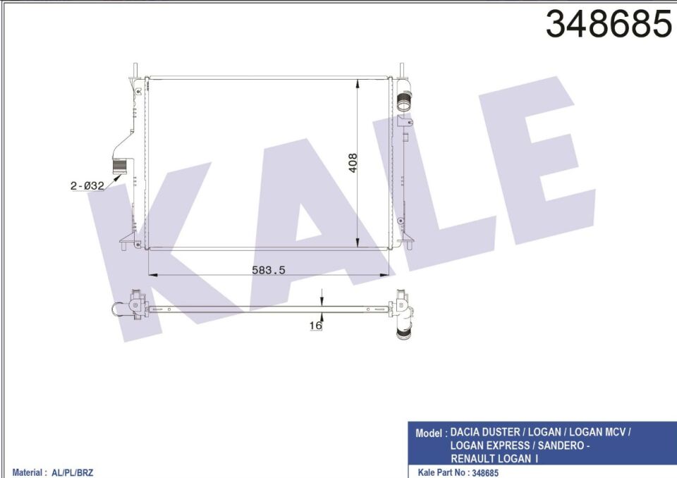 8200735039 Su Radyatörü KALE | Dacia Logan / Dacia Sandero / Dacia Duster