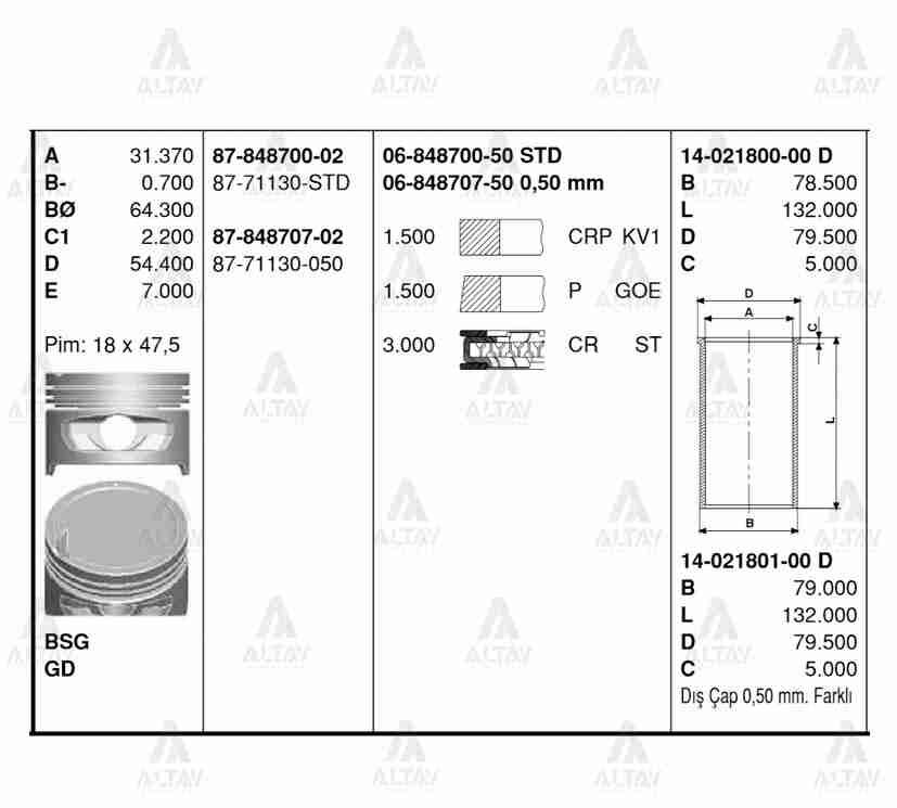 87-71130-050 Piston GOETZE | Muhtelif Araçlar